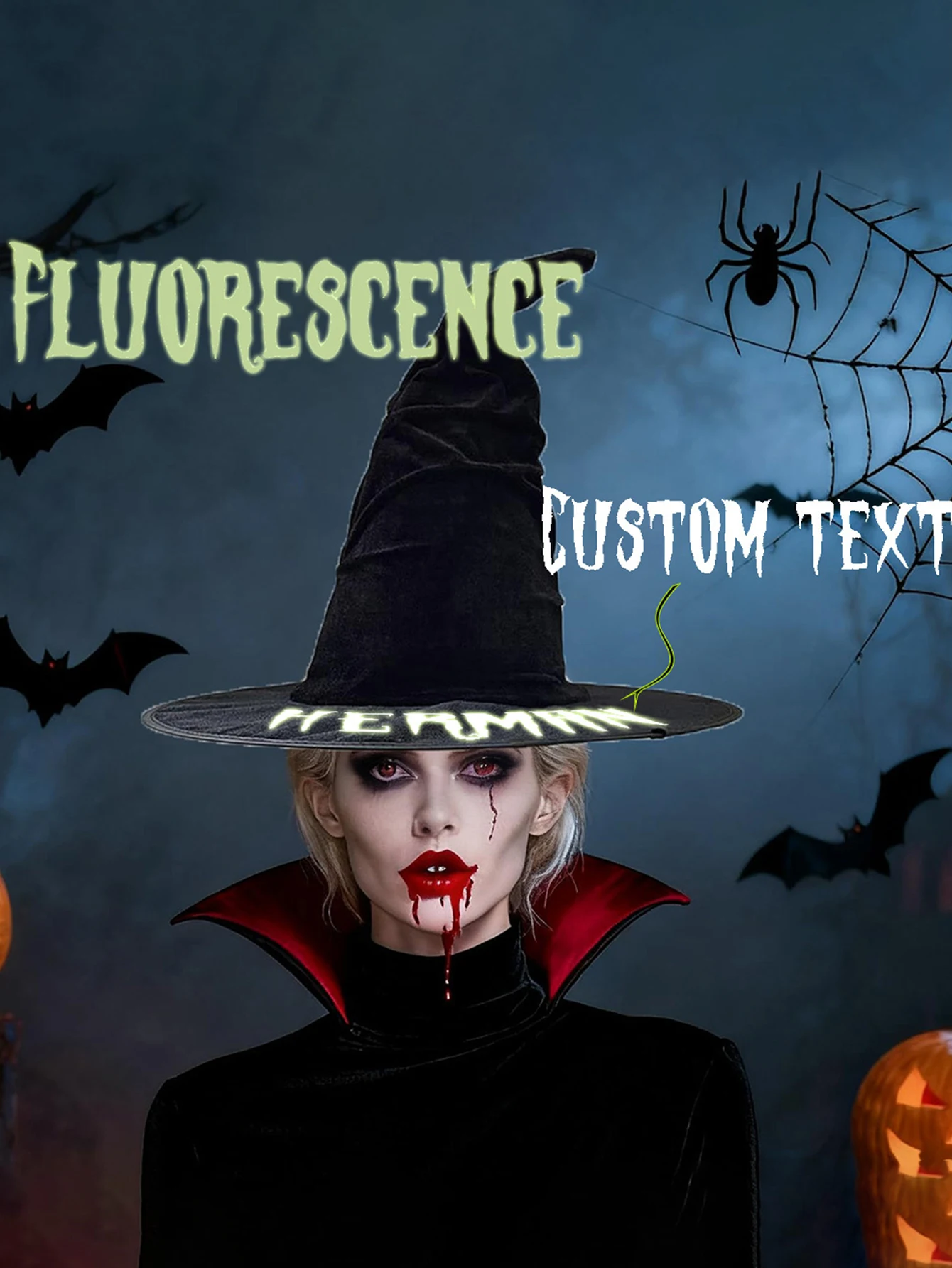 

Customized Halloween fluorescent name and pattern pleated black velvet witch hat black party black velvet witch hat