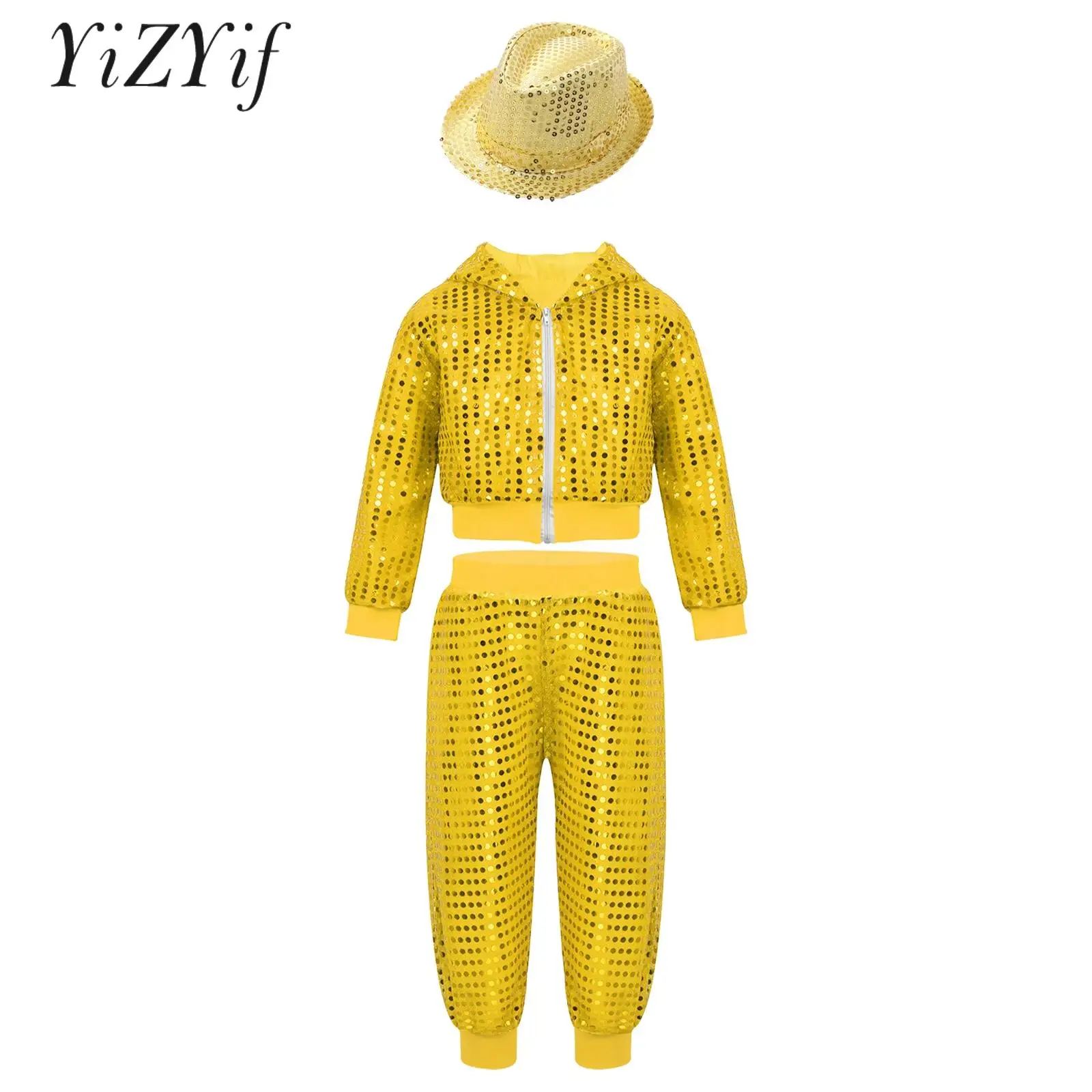 

Блестящий джазовый танцевальный костюм с блестками для мальчиков и девочек, топы с длинным рукавом и капюшоном и брюки, фетровая шляпа, одежда для выступлений и танцев