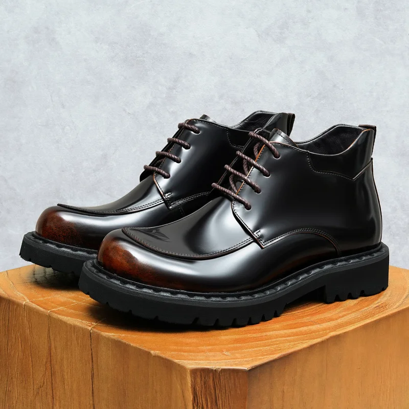 

Men’s Genuine Cow Leather Boots Laces Up Banquet Business Suits Cowhide Black Luxury Shoes Man Winter