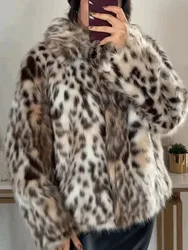 HH Woman Lapel Long Sleeves Side Pockets Casual Coat Women Winter Leopard Print Faux Fur Loose Slim Warm Coat Mujer
