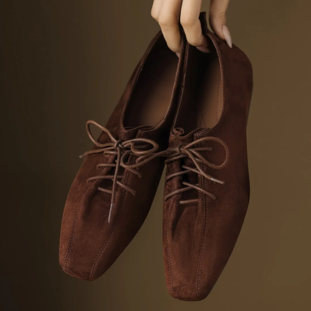 

Women's natural suede leather square toe lace-up flats oxfords high quality soft comfortable casual female daily walk shoes sale