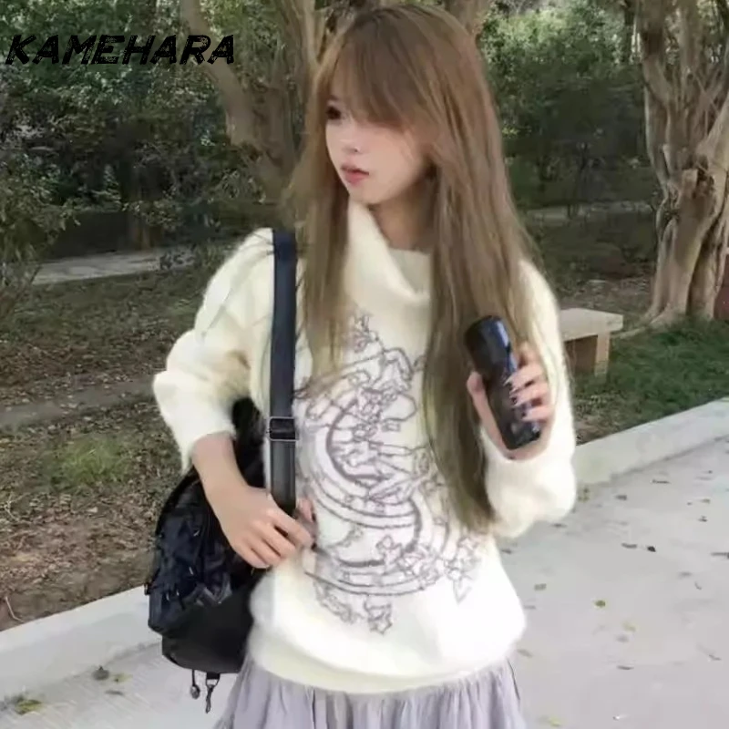 

KAMEHARA Y2k Preppy Style Sweaters for Women Turtleneck Jacquard Design Autumn Winter Pullovers Casual Loose All Match Clothing