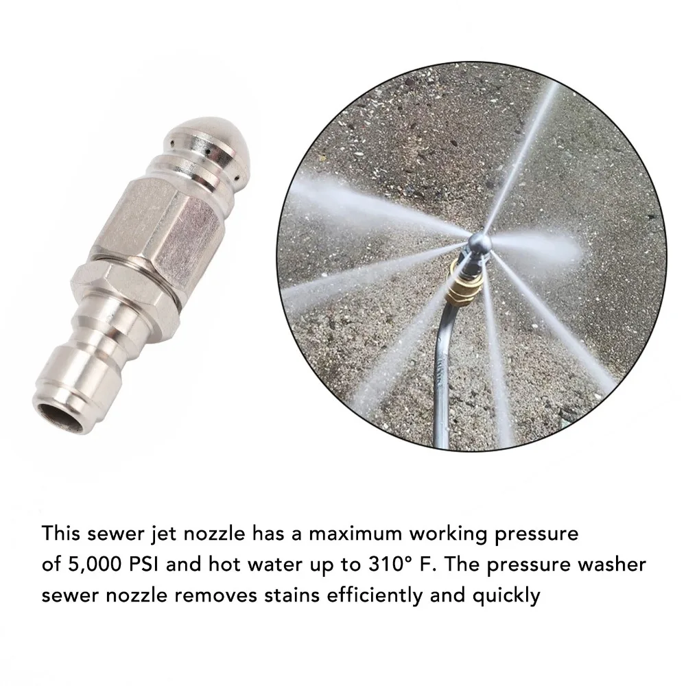 2PCS Stainless Steel Sewer Jetter Nozzle Silver Quick Install Drain Jetter Nozzle 5000 PSI Quick Plug Pressure Washer Nozzle