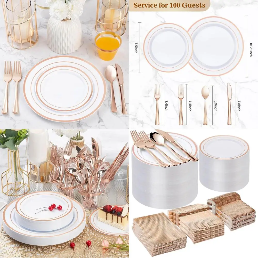 

Rose Gold Plastic Dinnerware Set for 100 Guests: 200 Plates, 200 Forks, 100 Spoons, 100 Knives for Special Events