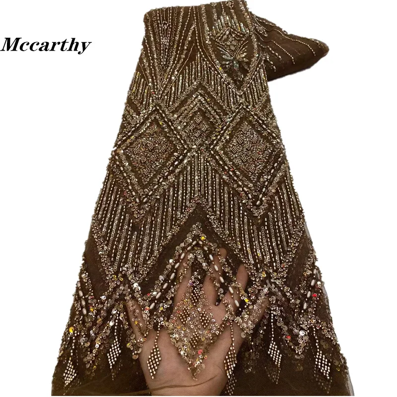 African Brown Handmade Bead Lace Fabric For Wedding 2023 High Quality Nigerian French Mesh Tulle Lace Fabrics Luxury Sequins