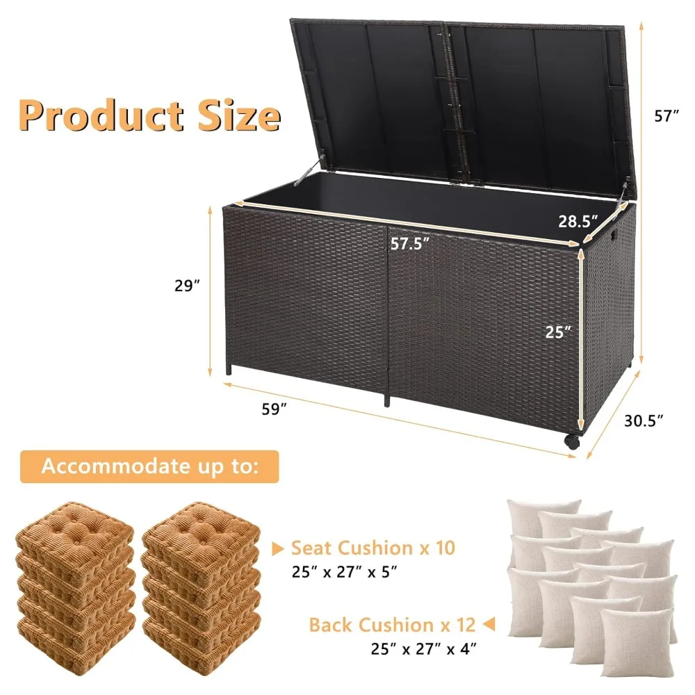 175 Gallon Outdoor Rattan Deck Box, Wicker Storage Bin with Zippered Liner & 2 Universal Wheels, Safe Pneumatic Rod