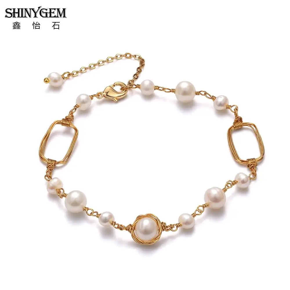 SHINYGEM Real Natural Freshwater Pearl for Women 14k Copper Plated Gold Hand Wound Wire Woman Gift Idea Bracelet Wires
