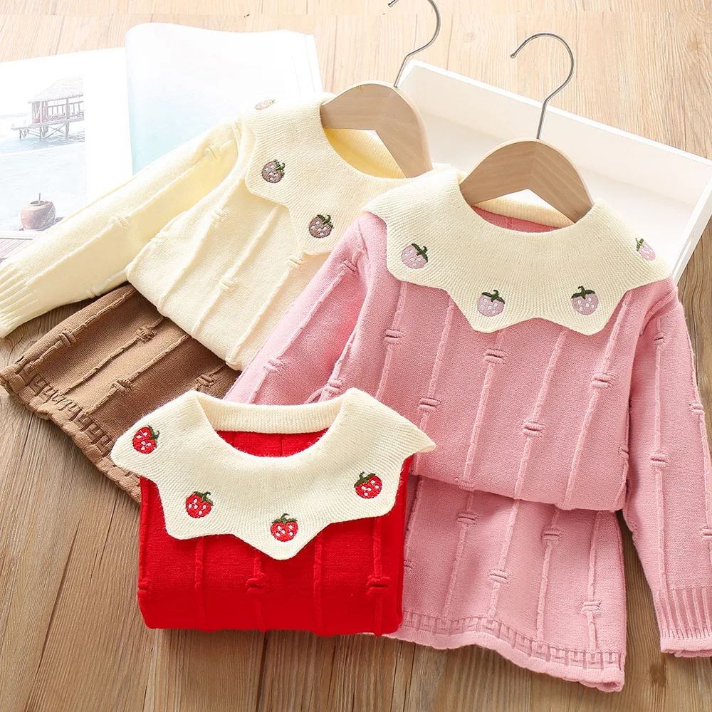 

Girls Knitted Clothes Sets Spring Autumn Children Woolen Jersey Sweaters Tops Skirts 2pcs Dress Suit For Baby Outfits Kids 5 6Y