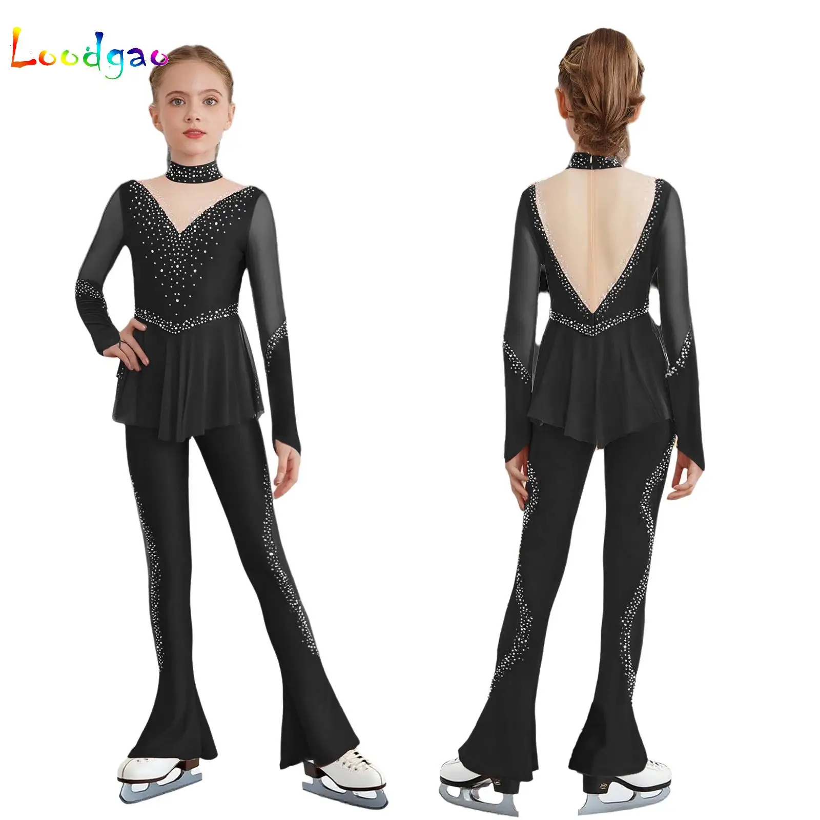 

Kid Ballet Skate Dance Wear Girl Gymnastics Bell-Bottom Bodysuit Long Sleeve Children Skirted Jumpsuit Training Performance Wear