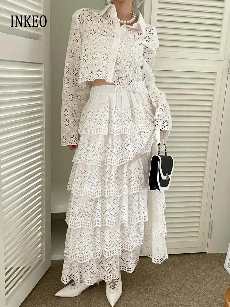 

Vintage Women 2 Piece set White Women Lace embroidery blouse and Tiered Skirt Party Luxury Hollow out clothes 2025 INKEO 5D091