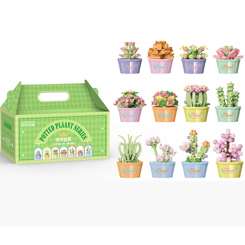 Succulent bonsai ornament model 12 pots of flowers per box mini building blocks toys home desk decoration flower gift