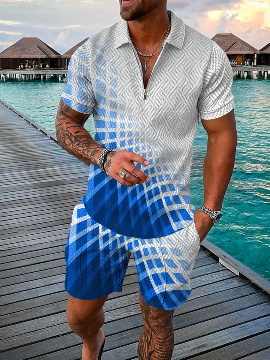 2022 verão camisa polo casual masculino terno hawaii praia moda tendência impressão 3d zíper manga curta camiseta shorts de duas peças conjunto