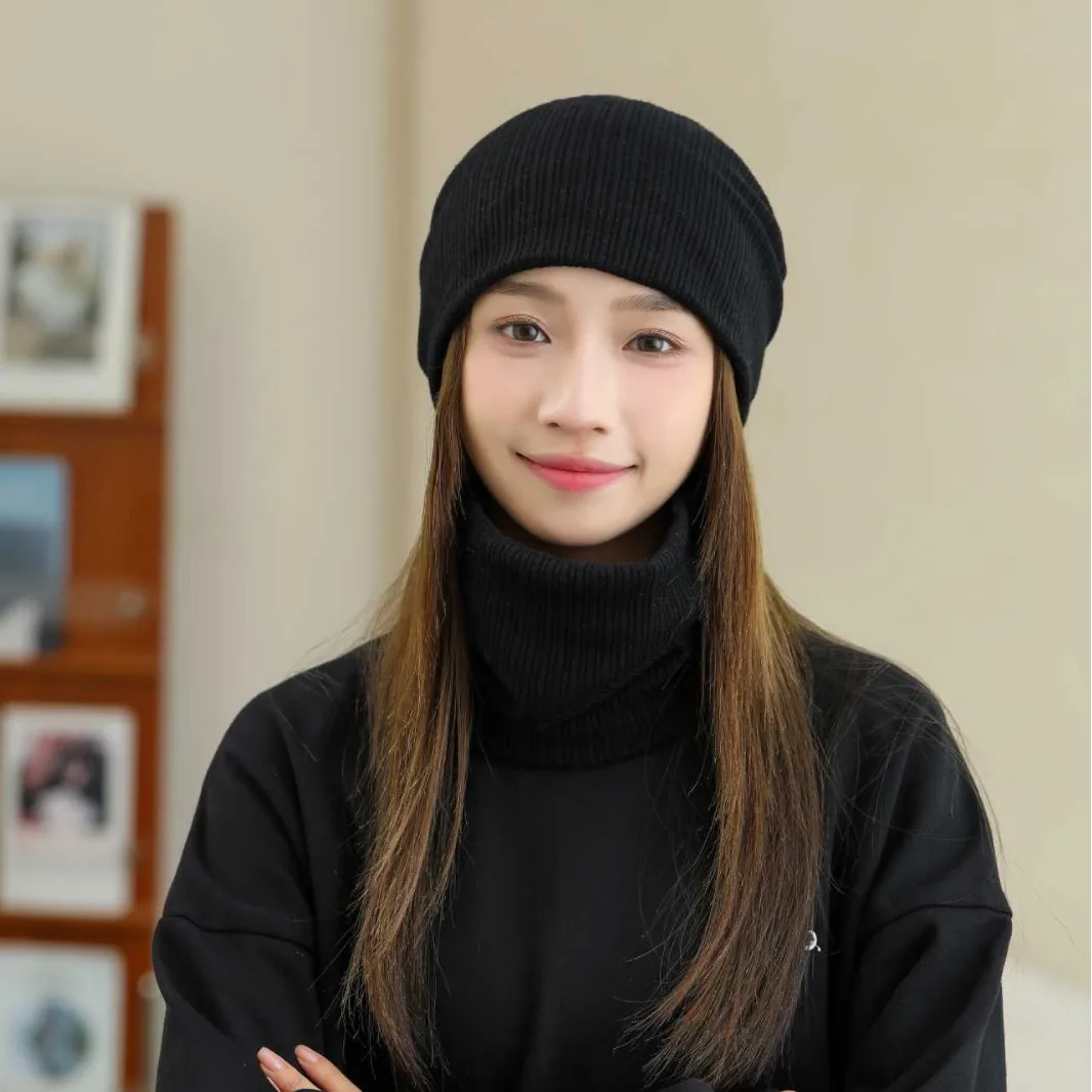 Warm Knitted Confinement Hat Two-piece Set - Big Head Circumference Solid Color Cold-proof Neck Cover