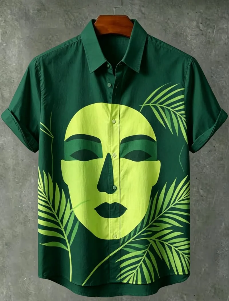

Artistic Face Printed Short Sleeved Shirt For men's Casual Cardigan top, With Unique Artistic Charm For Daily Wear