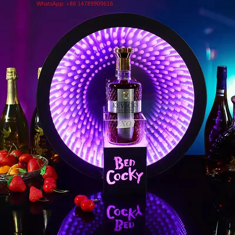 

Premium Custom LED Liquor Display StandBespoke Round Backlit LED Champagne Whisky Bottle Presenter Infinity Mirror Whiskey Wine
