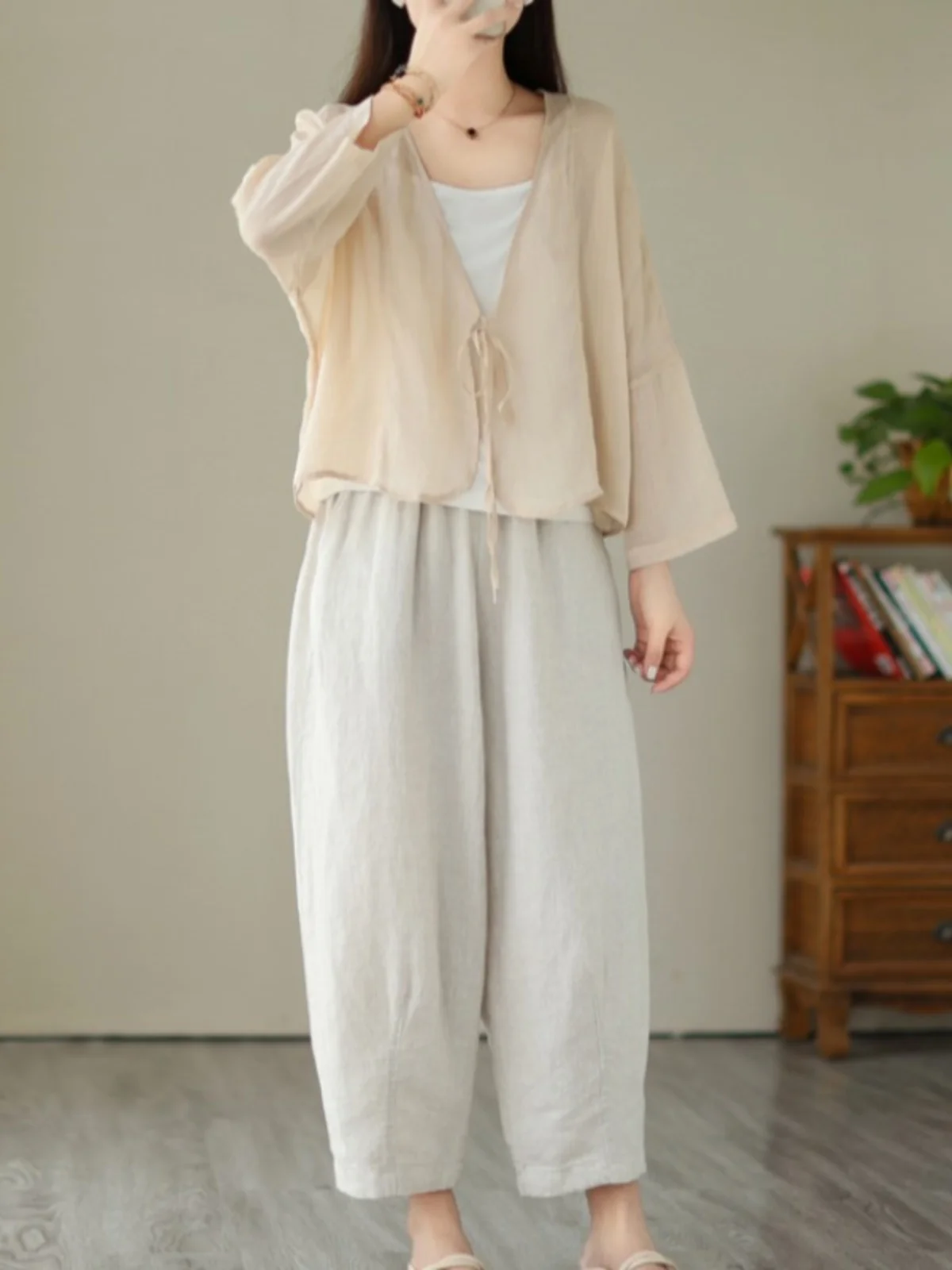 سترة نسائية طويلة للحماية من الشمس من مزيج القطن والكتان مفتوحة من الأمام irt V Ne Retro Sle Commute Faion