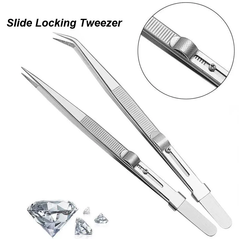 

Stainless Steel Precision Tweezers Adjustable Slide Lock Antistatic Jewelry Eyebrow Craft For Electronic Component Repair Tools