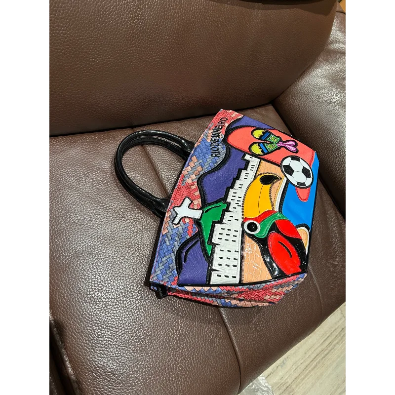 Rio de Janeiro Cityscape Embroidery Handbag, Colorful Artistic Tote Bag with Toucan & Soccer Design, Novelty Top Handle Purse