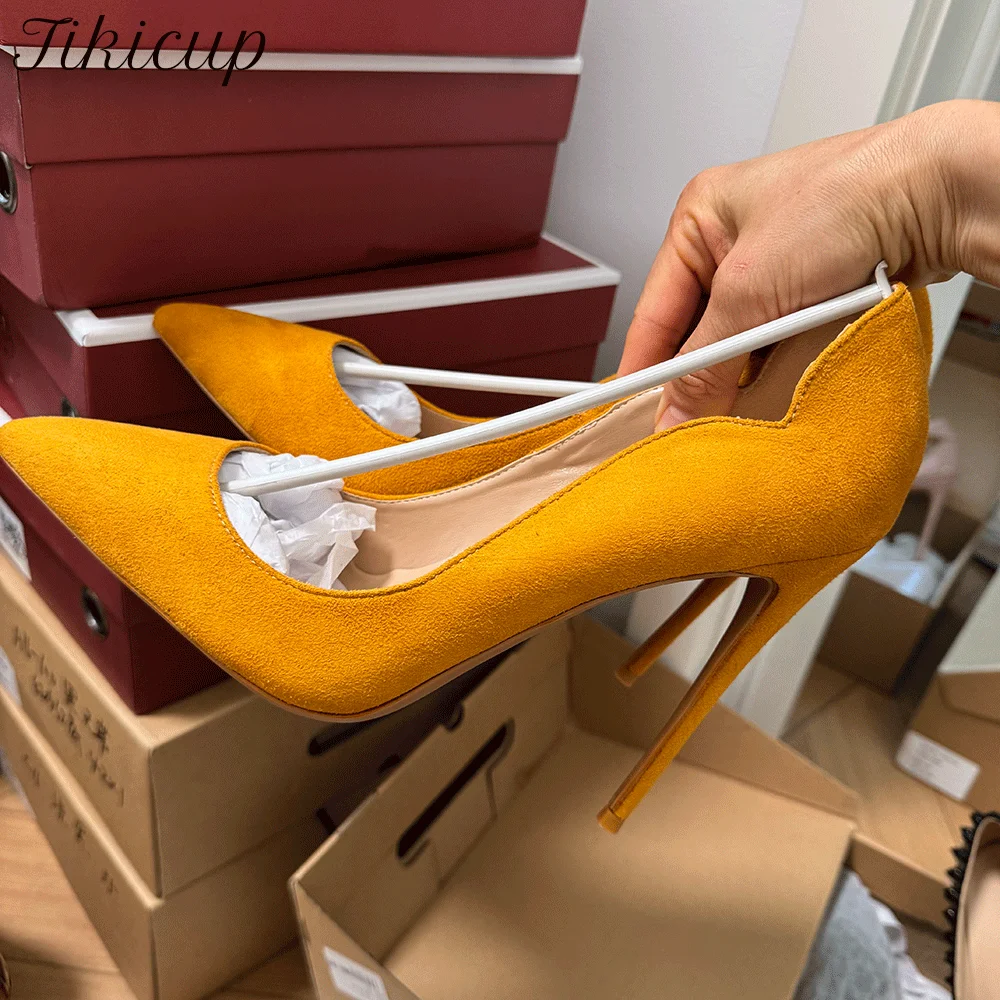 Sexy Chic 12cm Thin High Heels Women's Yellow Flock Stilettos Pumps Elegant OL Ladies Pointed Toe Party Dress Shoes Plus Size 46