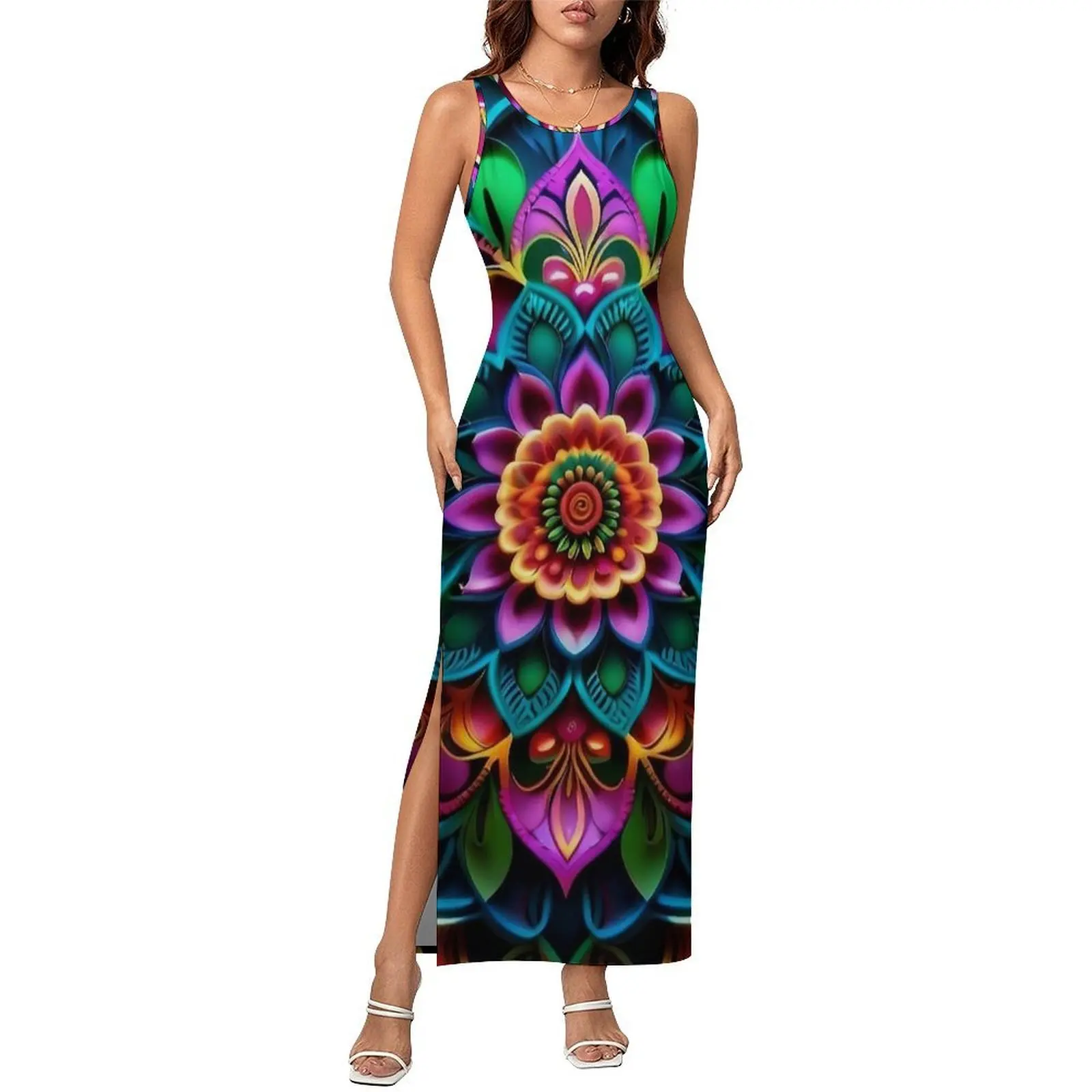 Women Bodycon Dress Slim Sexy Abstract Indian Mandala Retro Print Maxi Dresses Summer Sleeveless Streetwear Pattern Dress