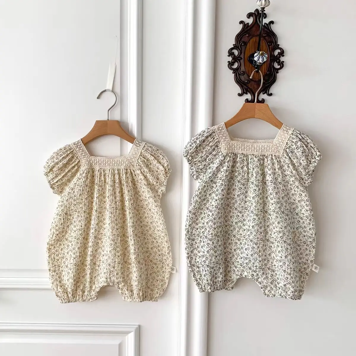 Vintage Lace Floral Infant Baby Jumpsuit Short Sleeve Toddler Girls Cotton Cozy Romper Korean Japan New Infant Clothing