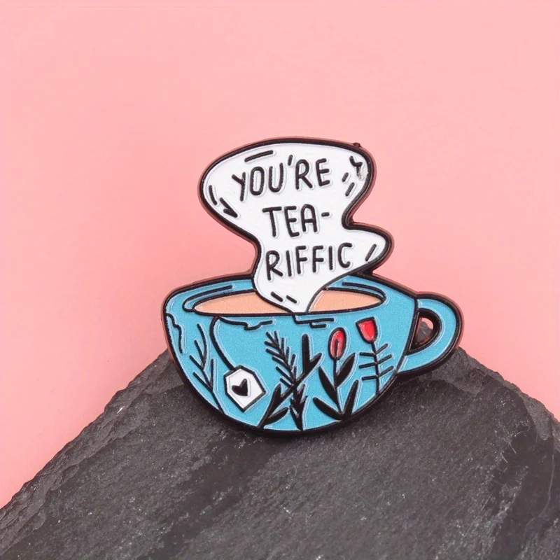 Tea-rrific Praise Pin - Cobalt Teacup Blooms with Steamy Compliments in Botanical Charm [Kawaii Tea Lover Jewelry]