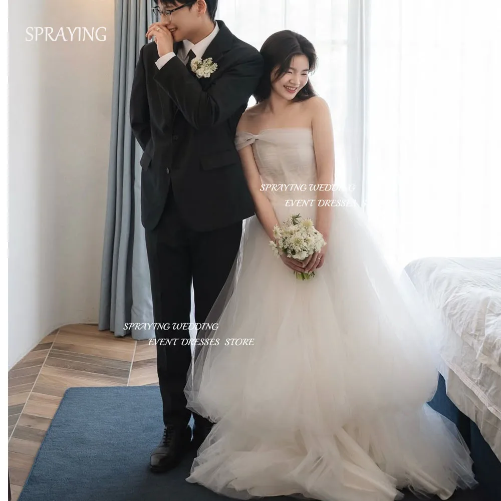 

SPRAYING Fairy Tulle Wedding Korea Photo Shoot Dress 웨딩드레스 Ivory Off Shoulder Long Tiered Bridal Gowns Corset Customized 2025