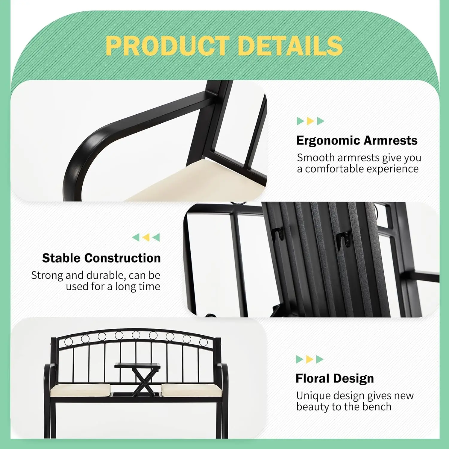 مقعد حديقة معدني خارجي، مقعد شرفة فناء بمقعدين مع إطار فولاذي، مقعد بارك مع طاولة متوسطة قابلة للسحب ووسادة للفناء الخلفي L