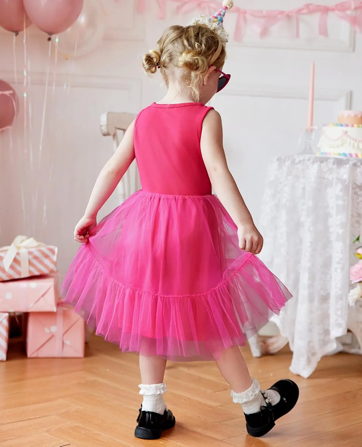 فستان رسمي بدون أكمام للأطفال الصغار، فساتين فتاة الزهور اللامعة من التول اللطيف لحفلات العطلات #4