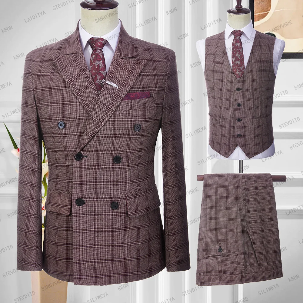 

2023 Latest Men Double Breasted Linen Suits Wine Red Reto Classic Plaid Slim Fit Tuxedos Wedding 3 Pcs Set Jacket Vest Pants