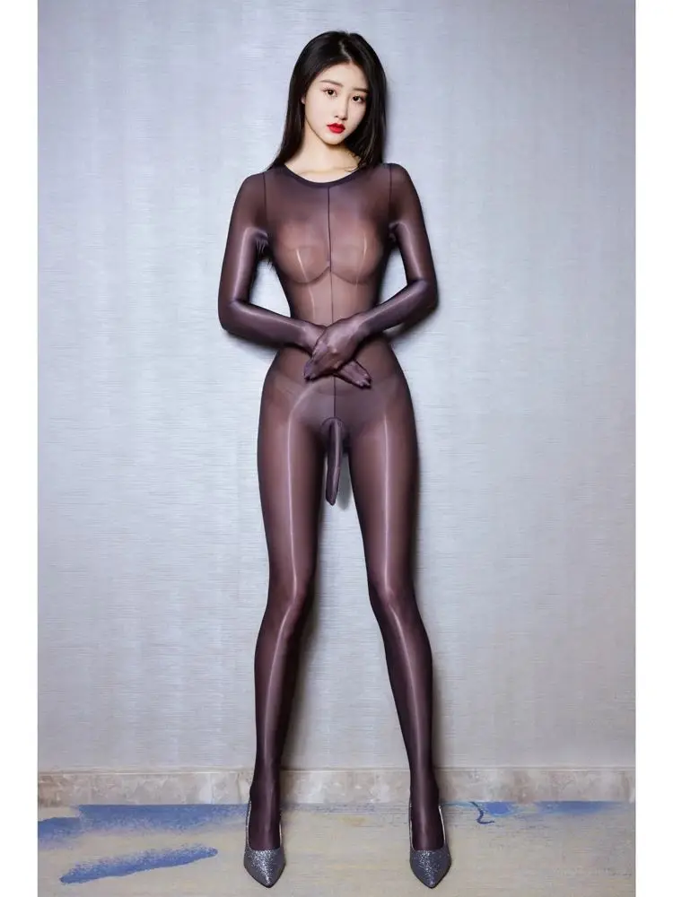 

Sexy Shiny Silky Stockings Bodysuit Transparent Bag Bulge Men's Elephant Nose Tight Full-inclusive Jumpsuit Catsuit Bodystocking
