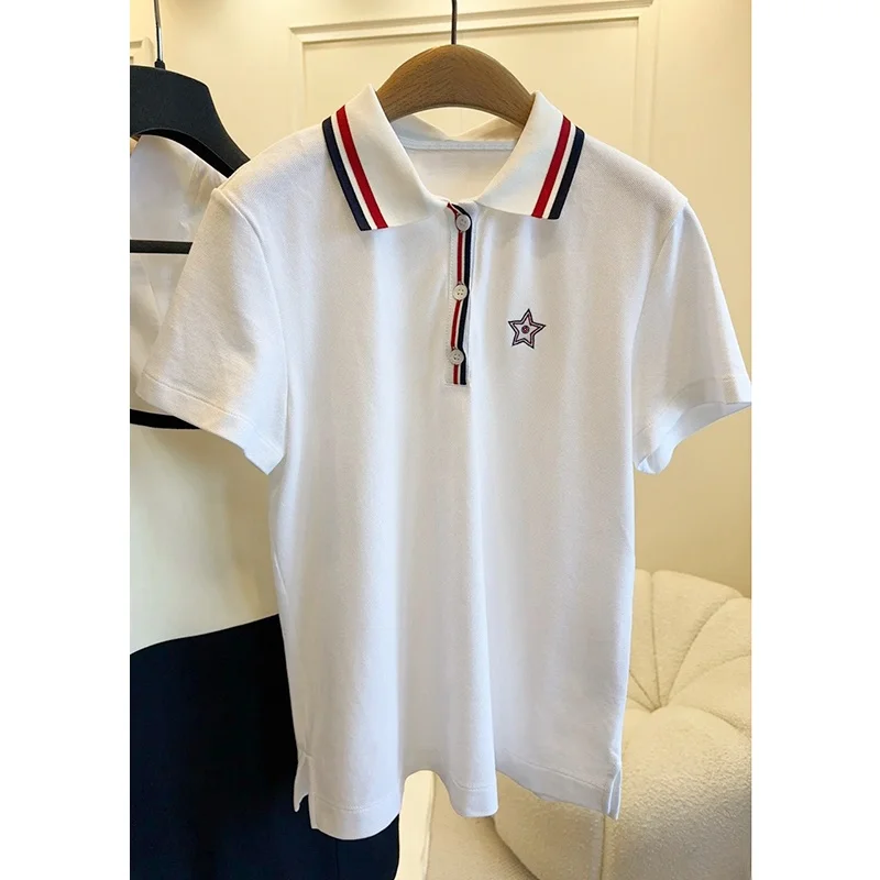 

Casual Ne ort Sve T-irt White Turn-down Collar Girls Faion Korean Sle Straight Cut Summer Top Commute Wind