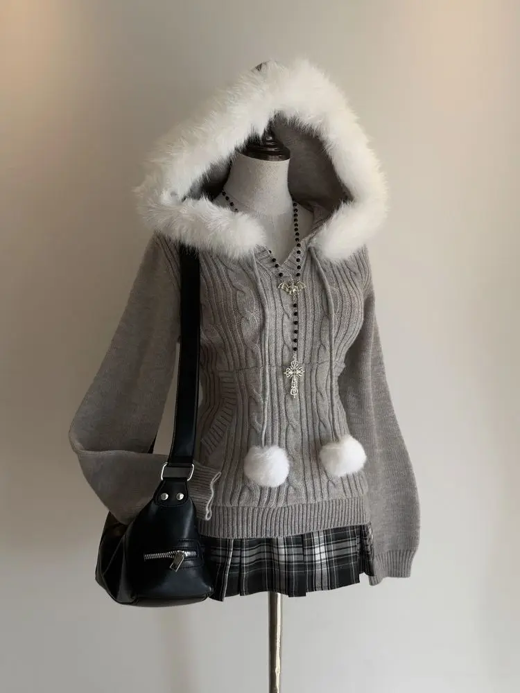 Winter Sweet Elegant 2 Piece Set Women Vintage Faux Fur Hood Knit Sweater Y2k Slim Plaid Mini Retro Fashion Skirt Skirt Set New