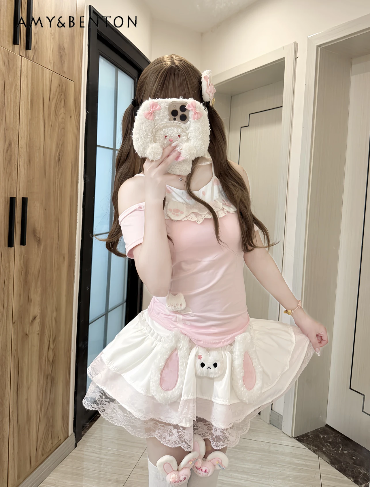 

Summer New Japanese Style Soft Girl Off-Shoulder Cat Pink Top Sweet Cute Lop-Eared Rabbit White Short Skirt Two-Piece Set