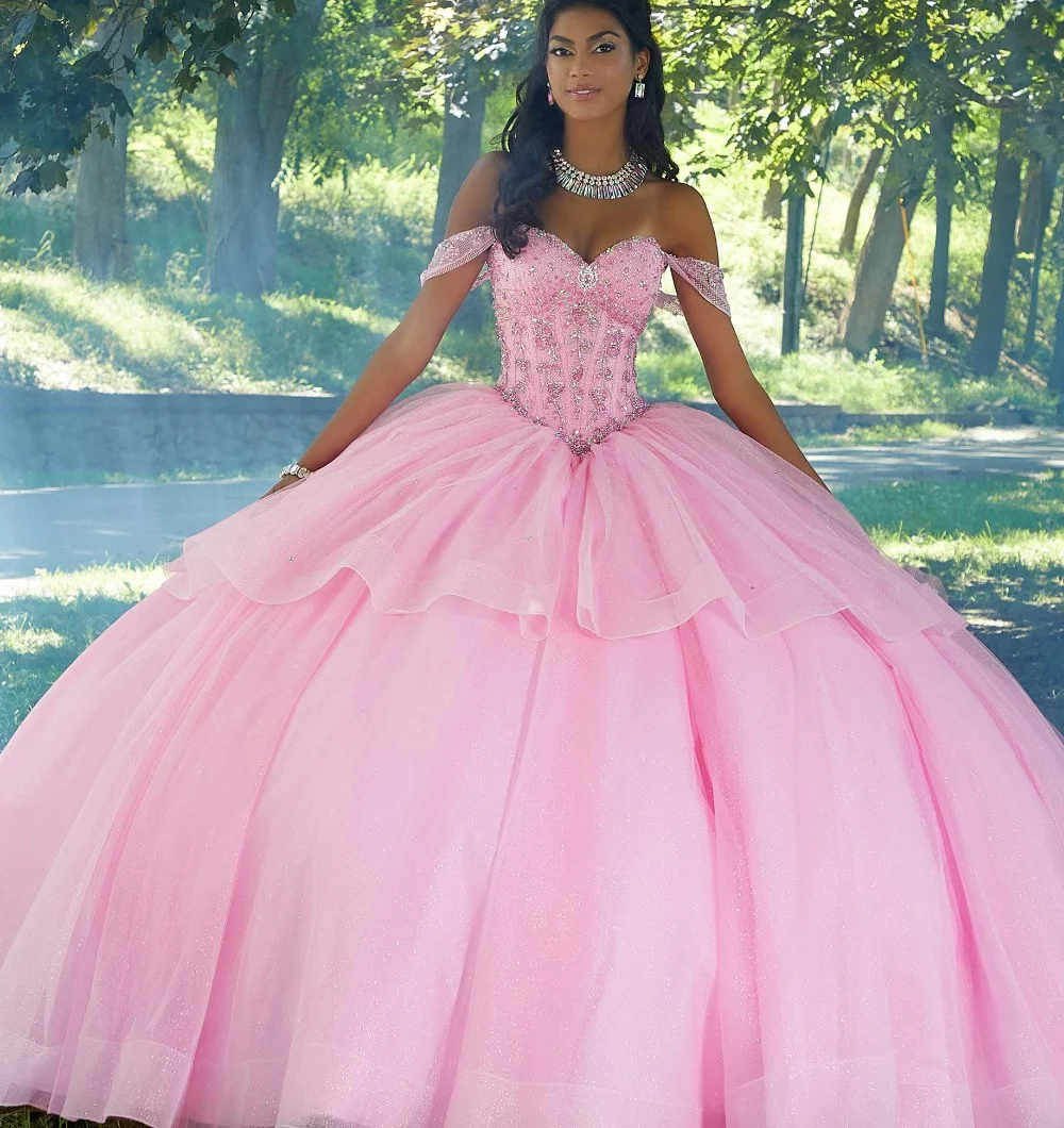 EVLAST Customized Pink Quinceanera Dress Ball Gown Rhinestone Crystal Beaded Ruffles Flounced Sweet 16 Vestido De 15 Anos TQD076