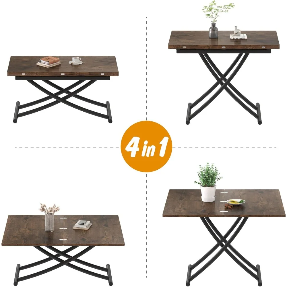 Folding Dining Table, Height Adjustable Lift Top Coffee Transformer Table with Metal Legs for Space Saving Living Room Kitchen