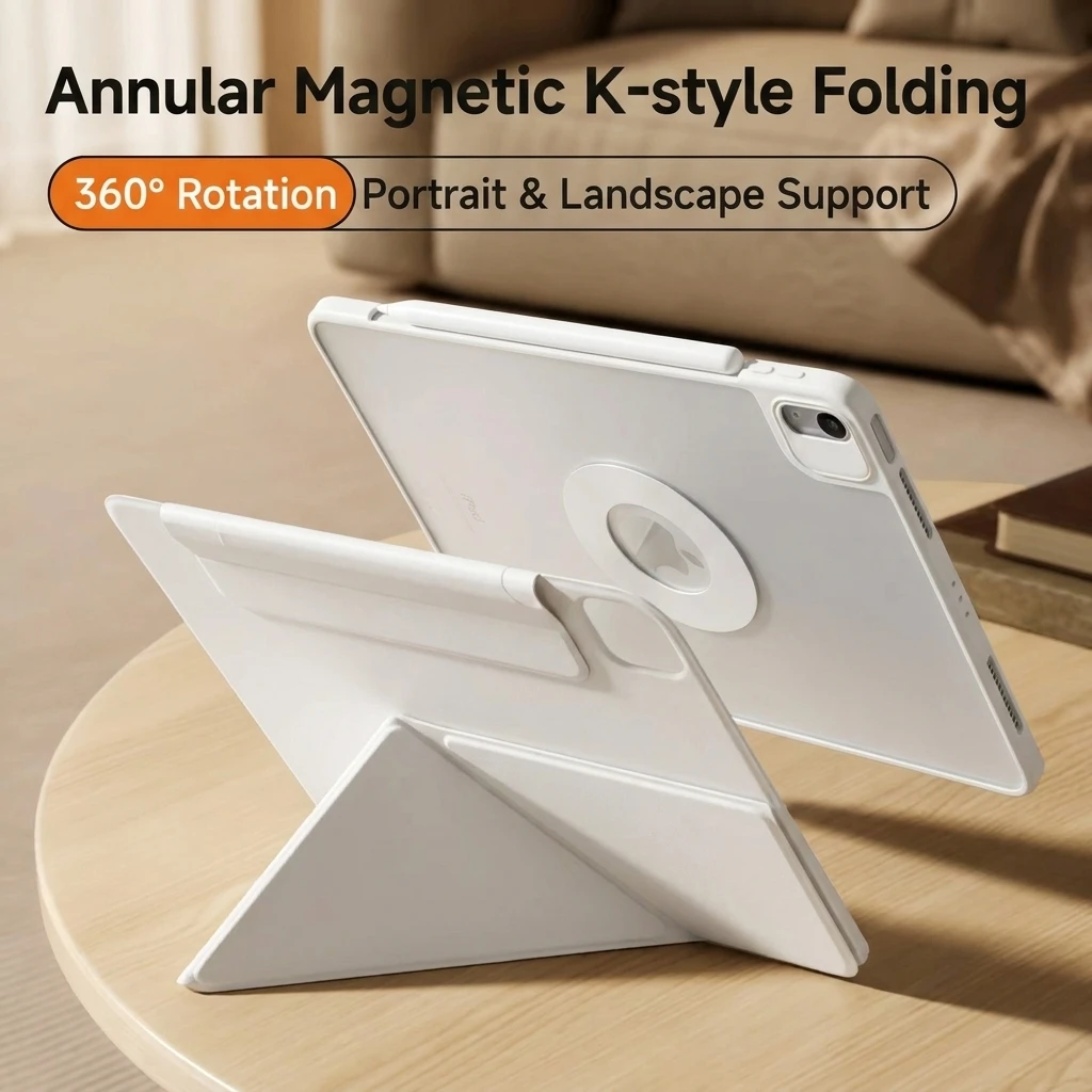 Magnetic K-fold iPad Case with Detachable Rotating Ring, Fits iPad 10/11th(A16), iPad Pro 11, iPad Air 11/13-inch, iPad Mini 6/7