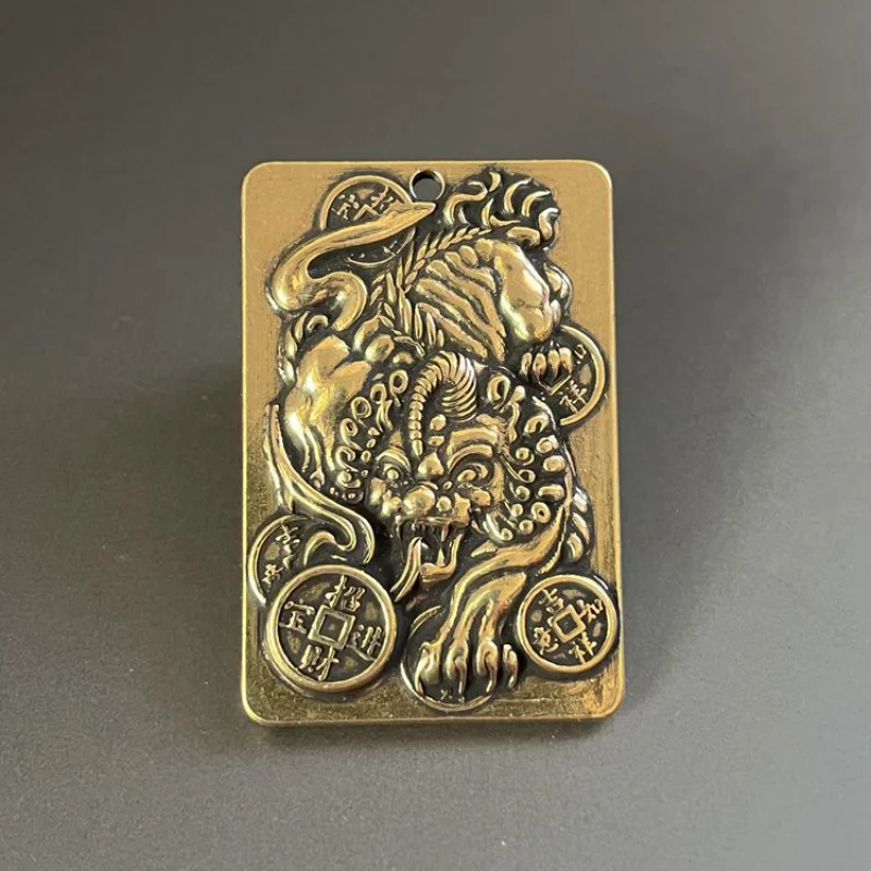 New Brass Carved Wealth-Attracting Pixiu and Kirin Wood Carving Pendant Handmade Relief Metal Pendant Double-Sided Fine Carving