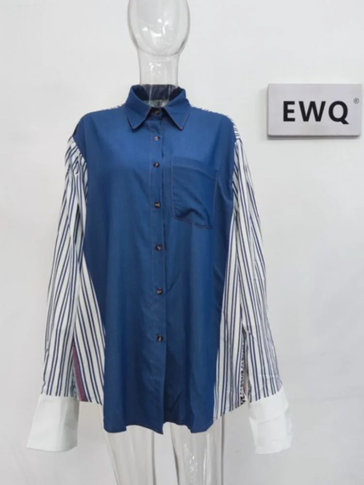 [EWQ] 2024 Autumn Female Loose Vintage Turn Down Collar Single Breasted Panelled Print Long Sleeve Straight Shirt Dress 8Y047