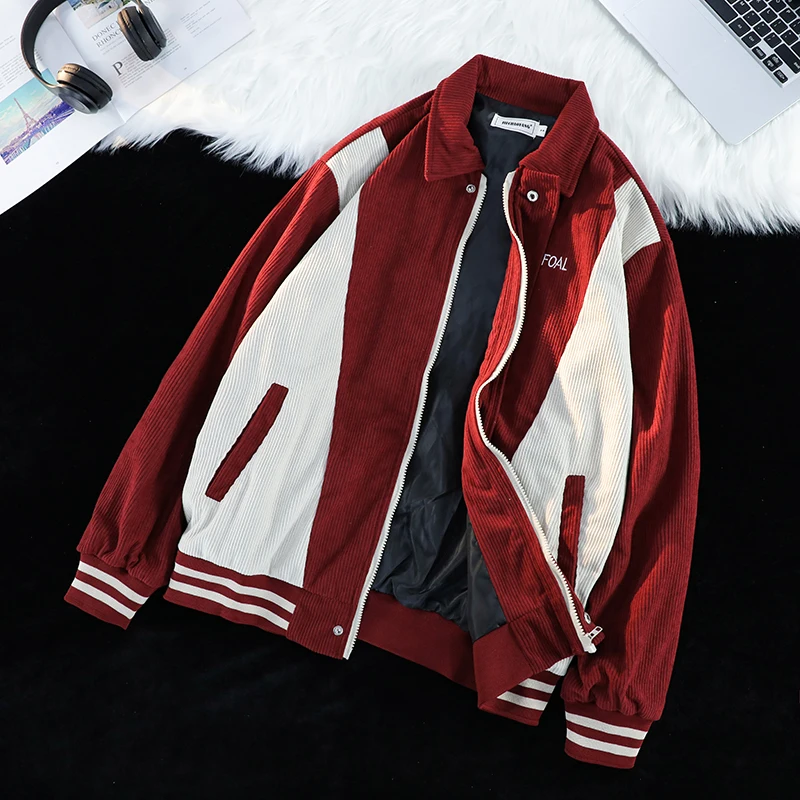 

Красная вельветовая куртка-пэчворк мужская, повседневная, в американском стиле хип-хоп, ретро-дизайн, бейсбольный крой, свободный крой, молодежная модная осенняя куртка