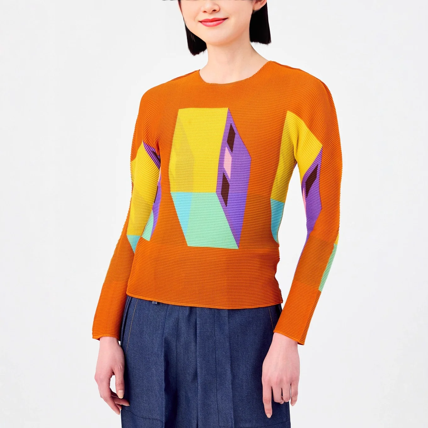 

Miyake Pleated Tops Women Design Geometric Print Long-sleeved T-shirt Women Thin Bottoming Shirt Inner Wear Can Be Worn Outside
