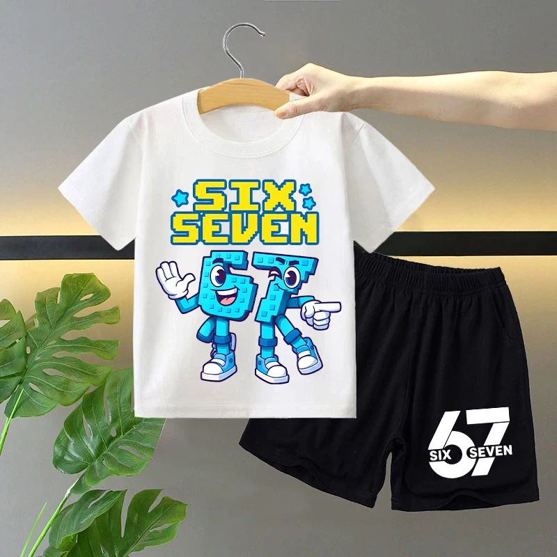 

2pcs Steal A Brainrot T-shirt Shorts Suit for Boys Girls 67 Six Seven Cartoon Printed Short-sleeved Top Pants Set Kids Clothes