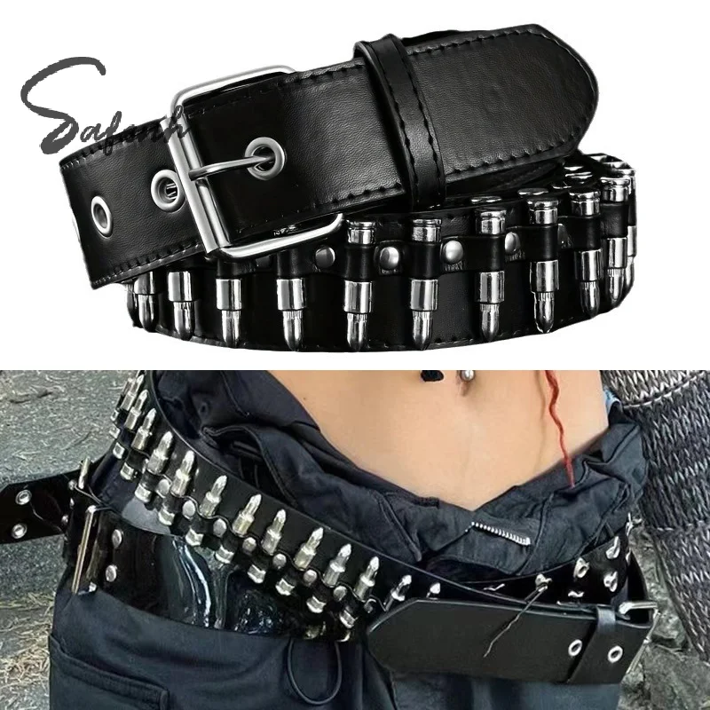 

Y2K Hollow Bullet Decoration Belt Fashion Ladies Leather Studded Gift Man's Goth Rock Wild Adjustable Women Punk Black Belt