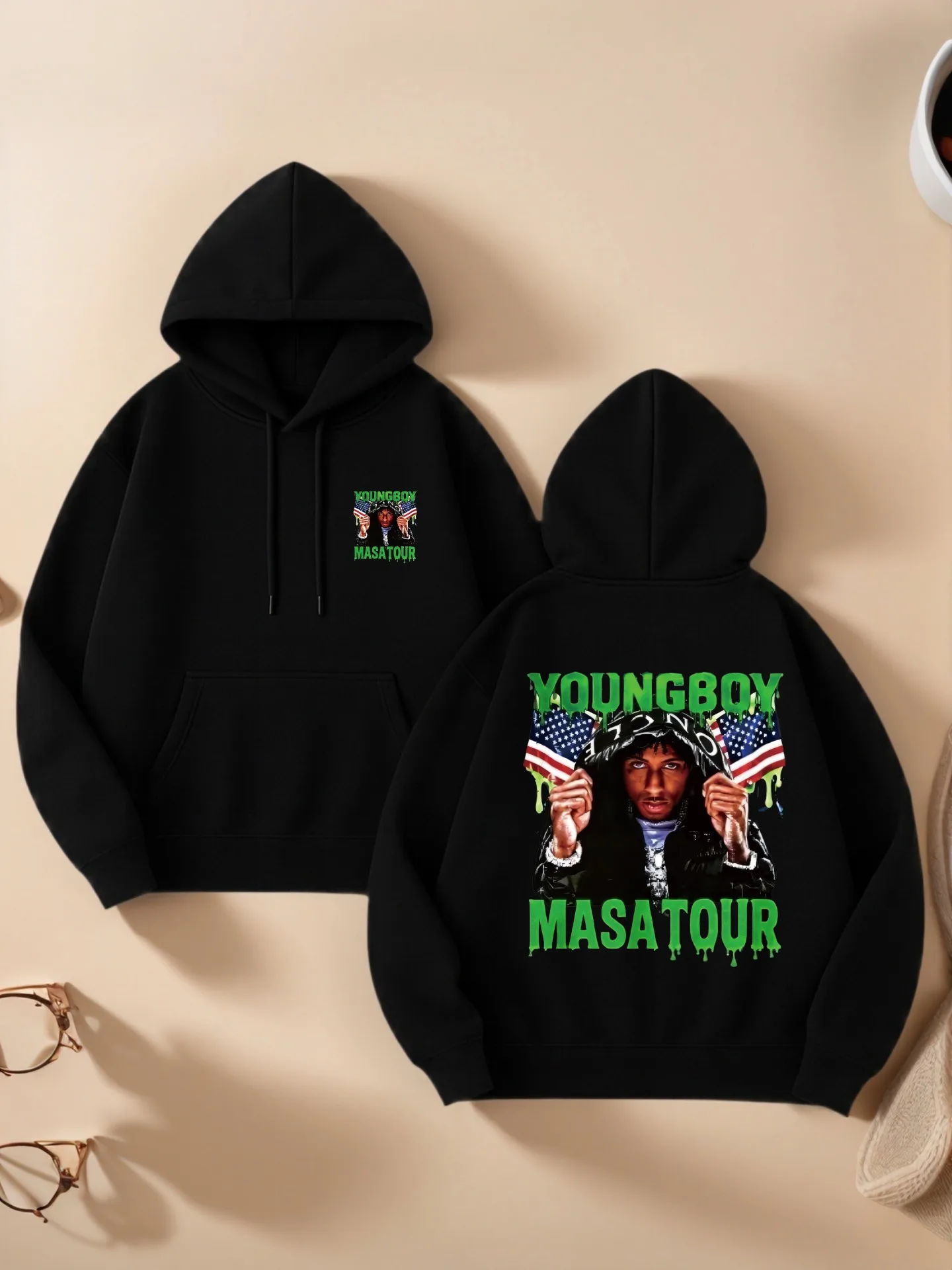 

Graphic Hoodie, Streetwear Style, Youngboy Masa Tour Graphic Print, Cotton Blend, Casual Everyday Wear, For Young Men