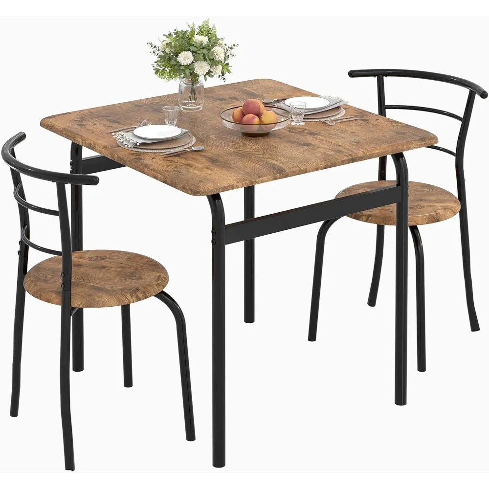 3 Piece Dining Table & Chairs Set for 2, Metal and Wooden Square Kitchen Dinette Set for Small Space, Breakfast Nook, Saving Sp