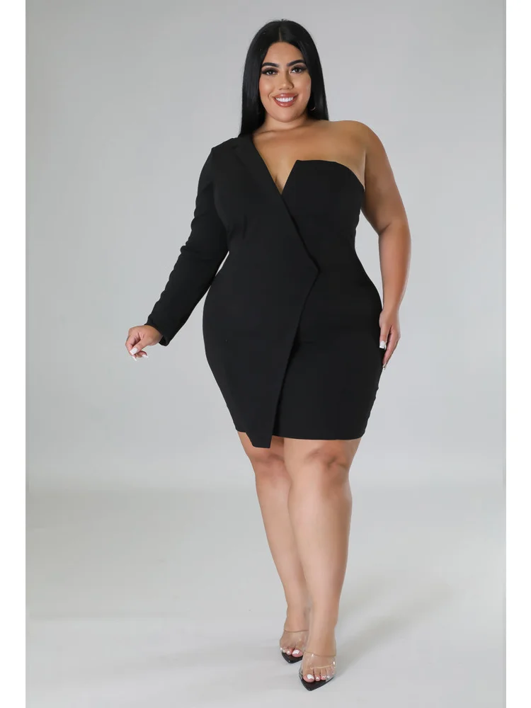 Wmstar Plus Size Dresses Women 2022 Single Long Sleeve V Neck Solid Sexy Mini Suit Dress Party Dresses Wholesale Dropshipping