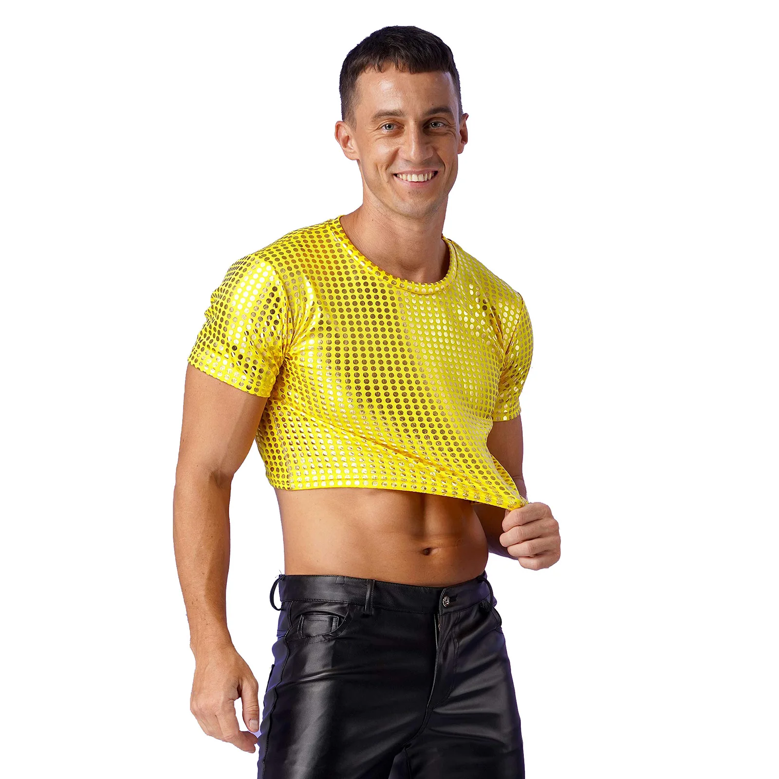

Mens Shiny Crop Tops Dance Disco Performance Costumes Short Sleeve Round Neckline Mini Shirts Tee Shirt Club Rave Party