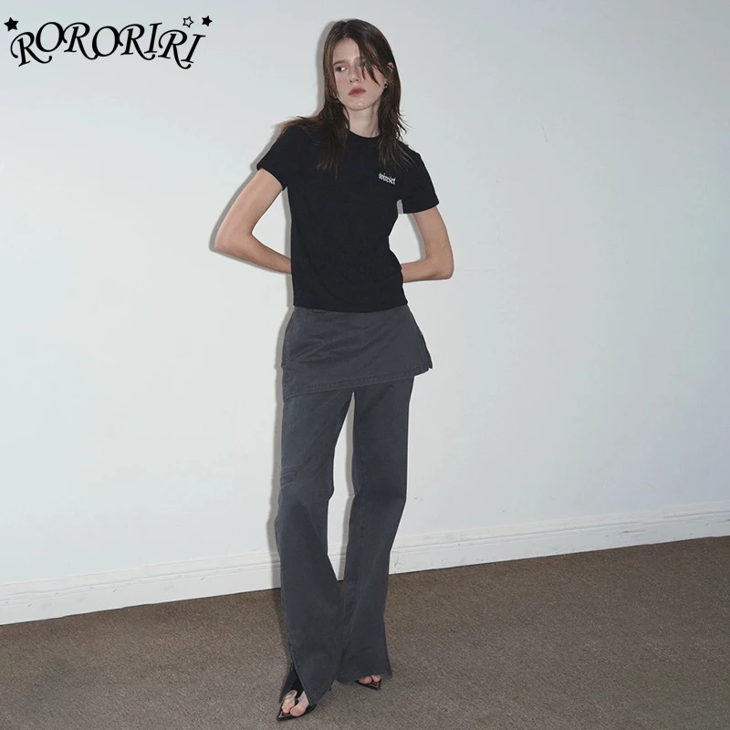 

RORORIRI Fake 2-piece Solid Baggy Jeans Women Zipper Split High Waist Denim Skirt Overlay Wide Leg Pants Vintage Casual Clothes