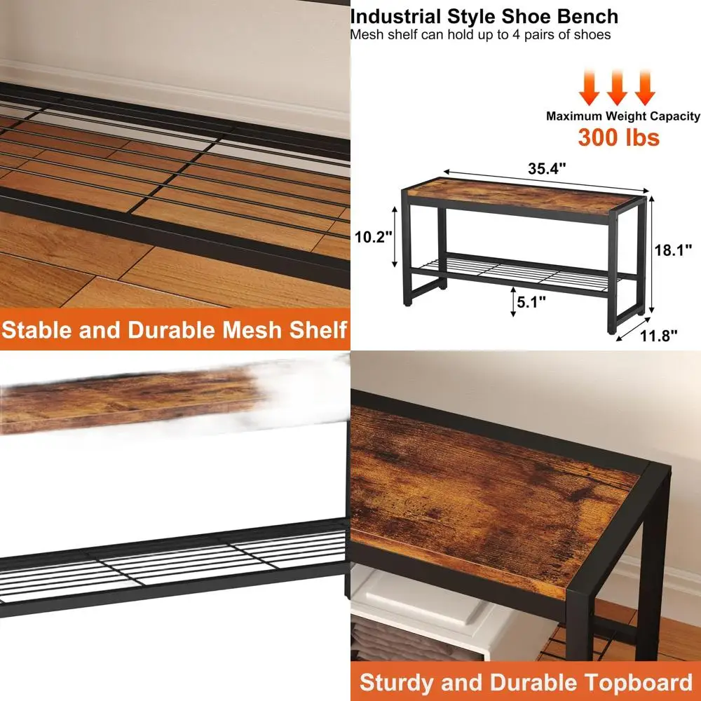 

Скамья для хранения обуви в индустриальном стиле с сетчатой полкой, металлический каркас, для прихожей, грязевой комнаты, гостиной, коричневого цвета в деревенском стиле