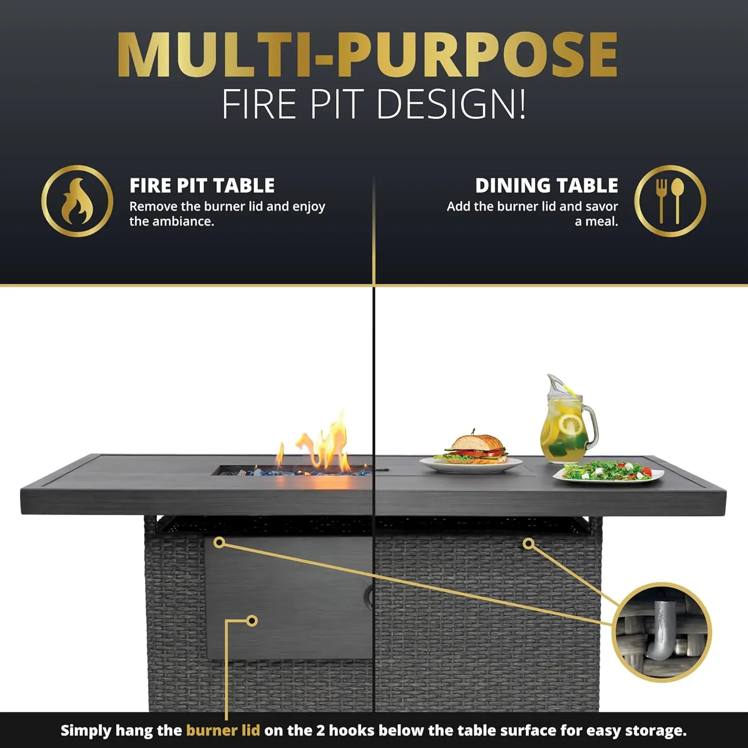 Novi Rotan 52-Inch Propaan Gasvuur Pittafel Met Rechthoekig Aluminium Frame-Csa Gecertificeerd, 50,000 Btu Buitenterras